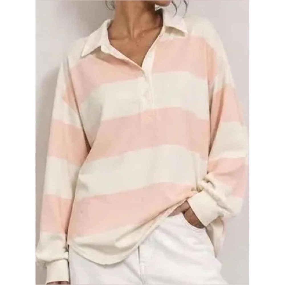Aerie Womens XXL Pink White Striped Rugby Sweatshirt Oversized Long Sleeve Polo